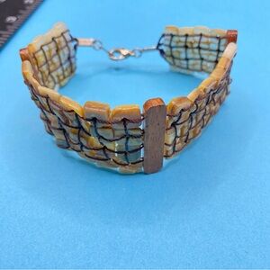 Bohemian Natural Shell Beads & Wood Wide Bracelet Artisan Made